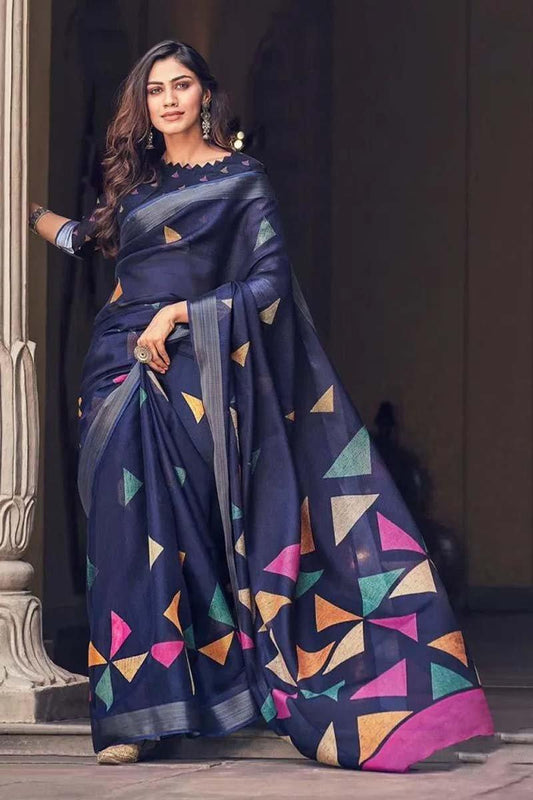 Breathtaking Navy Blue Colored Festive Wear Pure Linen Designer Saree - Ibis Fab
