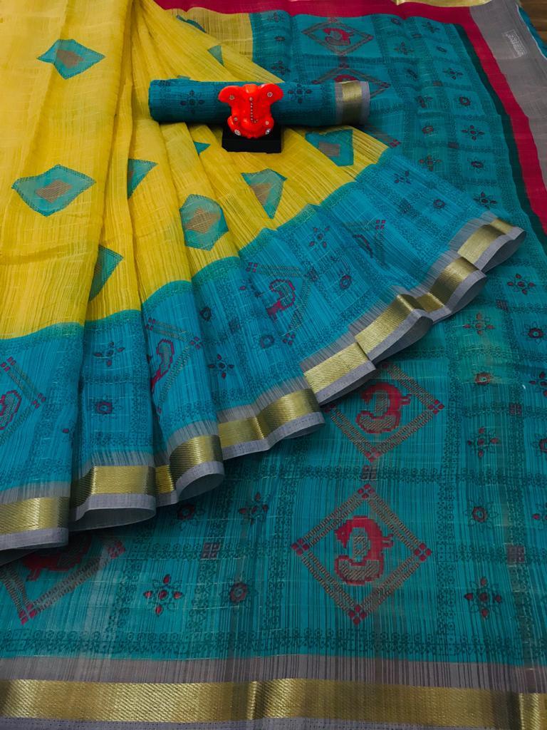 Charming Yellow And light blue Colored Casual Printed Fancy Linen Saree - Ibis Fab