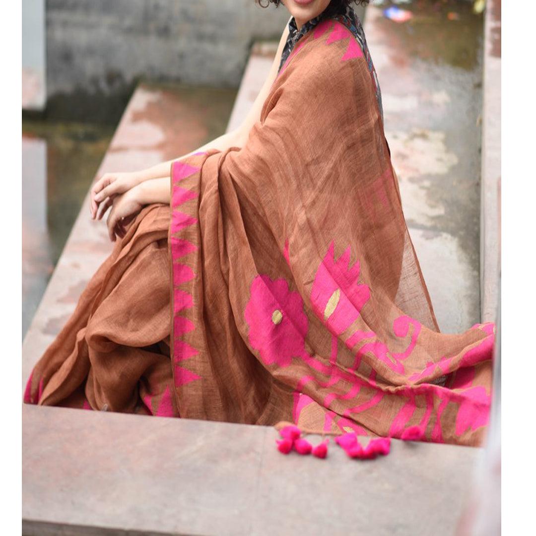 Deserving Copper Colored Festive Wear Pure Linen Designer Saree - Ibis Fab