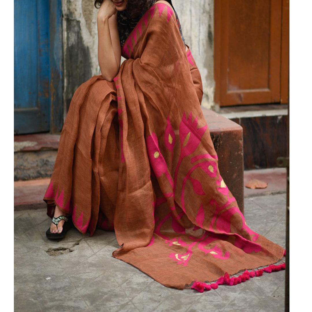 Deserving Copper Colored Festive Wear Pure Linen Designer Saree - Ibis Fab