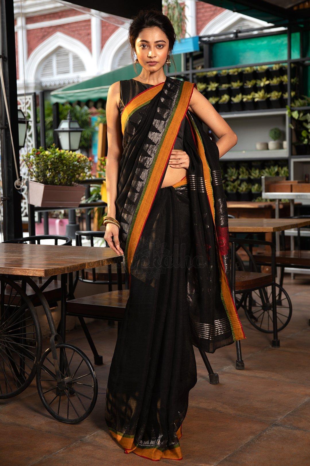Desirable Black Pure Linen Designer Saree - Ibis Fab