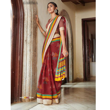 Engrossing Red Colored Printed Pure Linen Saree For Women - Ibis Fab