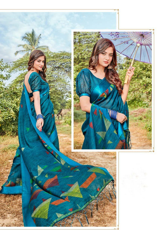 Ethnic Pure Linen light blue Colored Casual Printed Saree - Ibis Fab