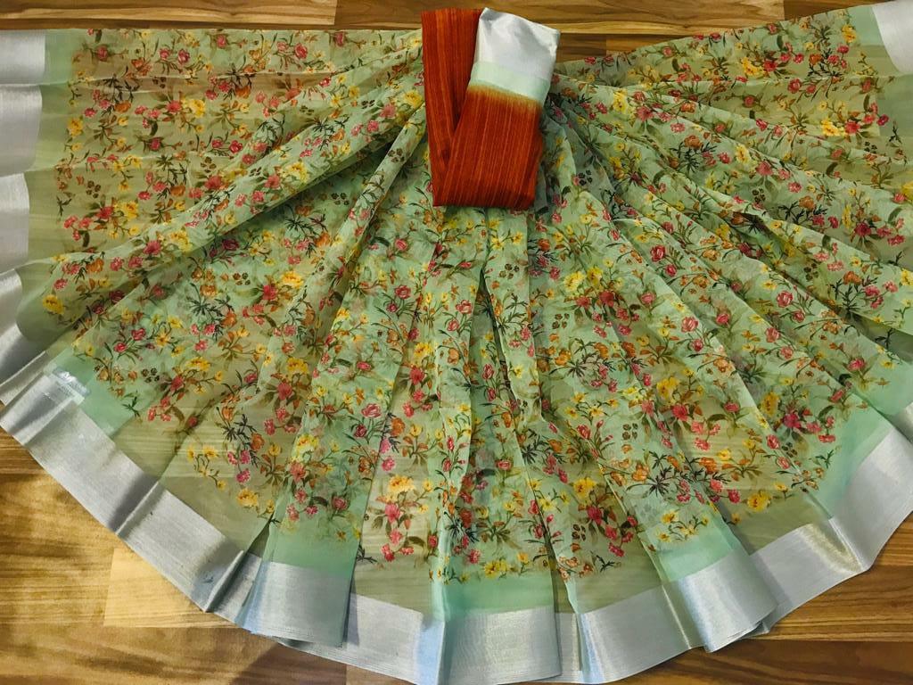 Excellent Pure Linen Light Green Colored Casual Printed Saree - Ibis Fab