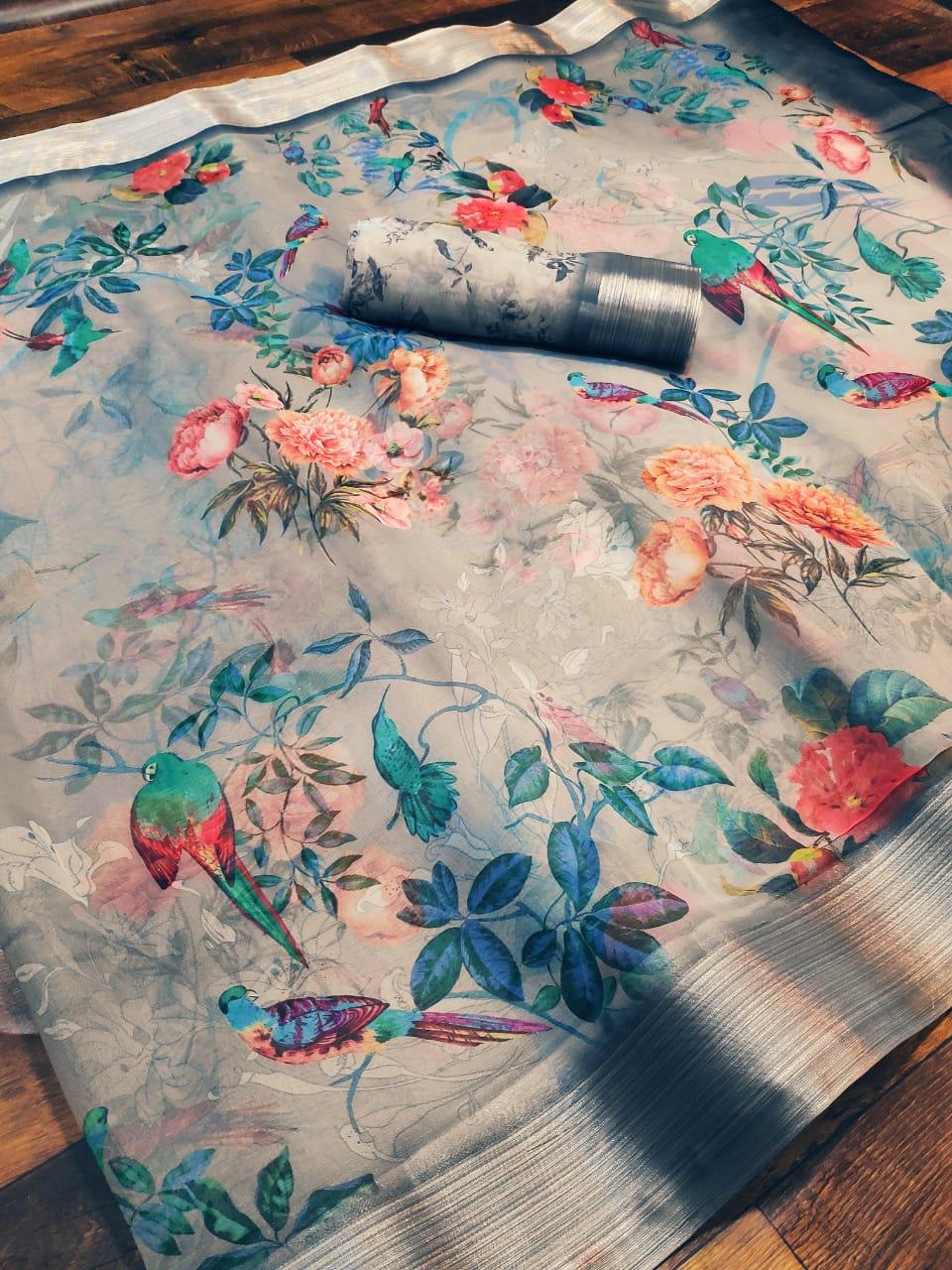 Excellent Pure Linen Light Grey Colored Festive Wear Printed Saree - Ibis Fab