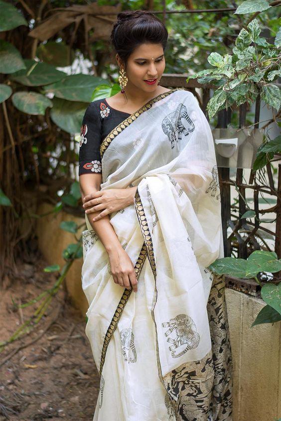 Fantastic White colored Partywear Linen Designer Printed Saree