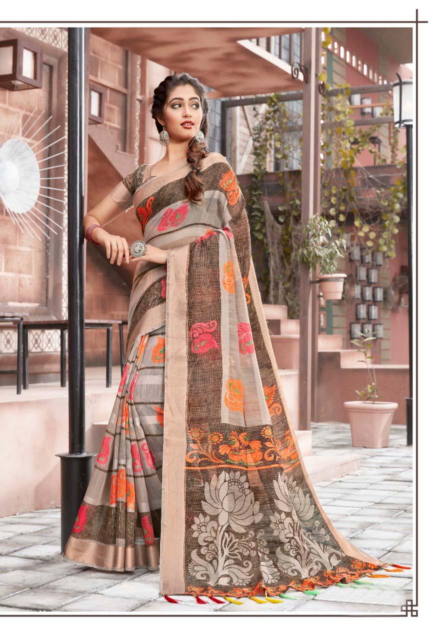 Flaunt Pure Cotton Beige Colored Casual Printed Saree - Ibis Fab