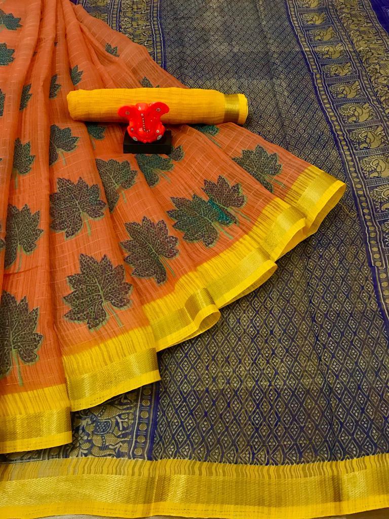 Gleaming Orange Colored Casual Printed Fancy Cotton Saree - Ibis Fab