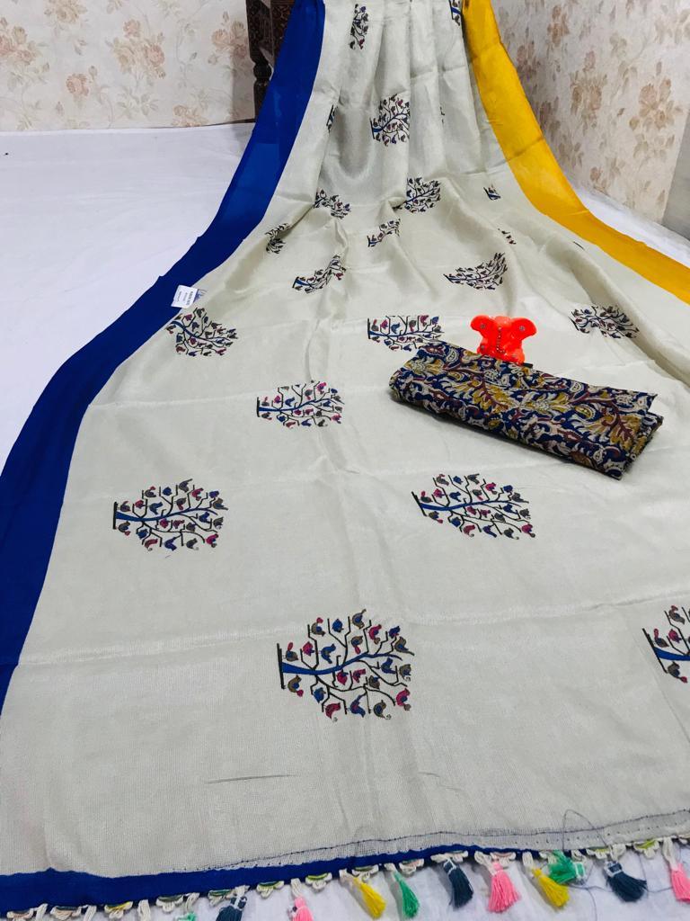 Gleaming Pure Linen White Colored Casual Printed Saree - Ibis Fab