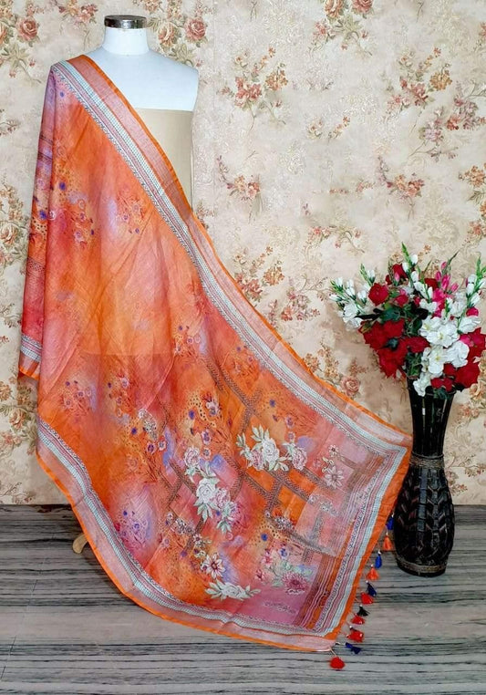 Gorgeous Orange Base Floral Design Digital Linen Dupatta - Ibis Fab