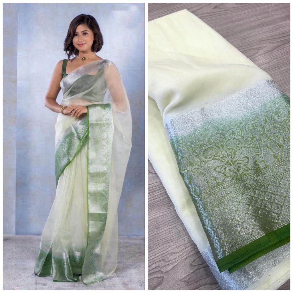 green organza saree with blouse piece - Ibis Fab