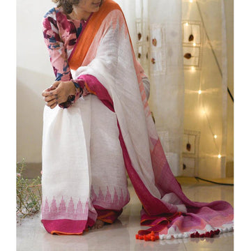Groovy White Colored Festive Wear Pure Linen Designer Saree - Ibis Fab