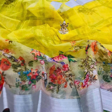 Hypnotic Yellow Colored Party Wear Pure linen Printed Saree - Ibis Fab