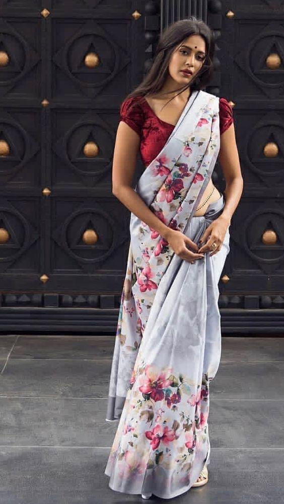 Innovative Light Grey Flowered Partywear Linen Designer Printed Saree