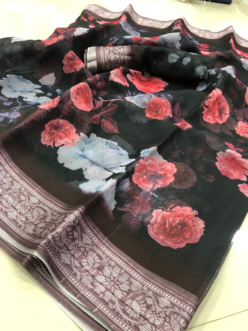 Intricate Pure Linen Black And Pink Colored Casual Printed Saree - Ibis Fab