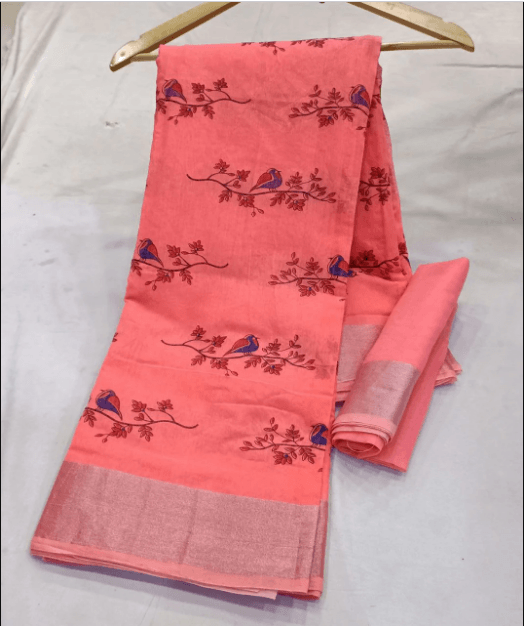 Linen Cotton Print Saree with Blouse Piece - Ibis Fab
