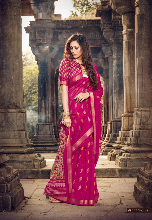Linen cotton saree in pink, festive wear - Ibis Fab