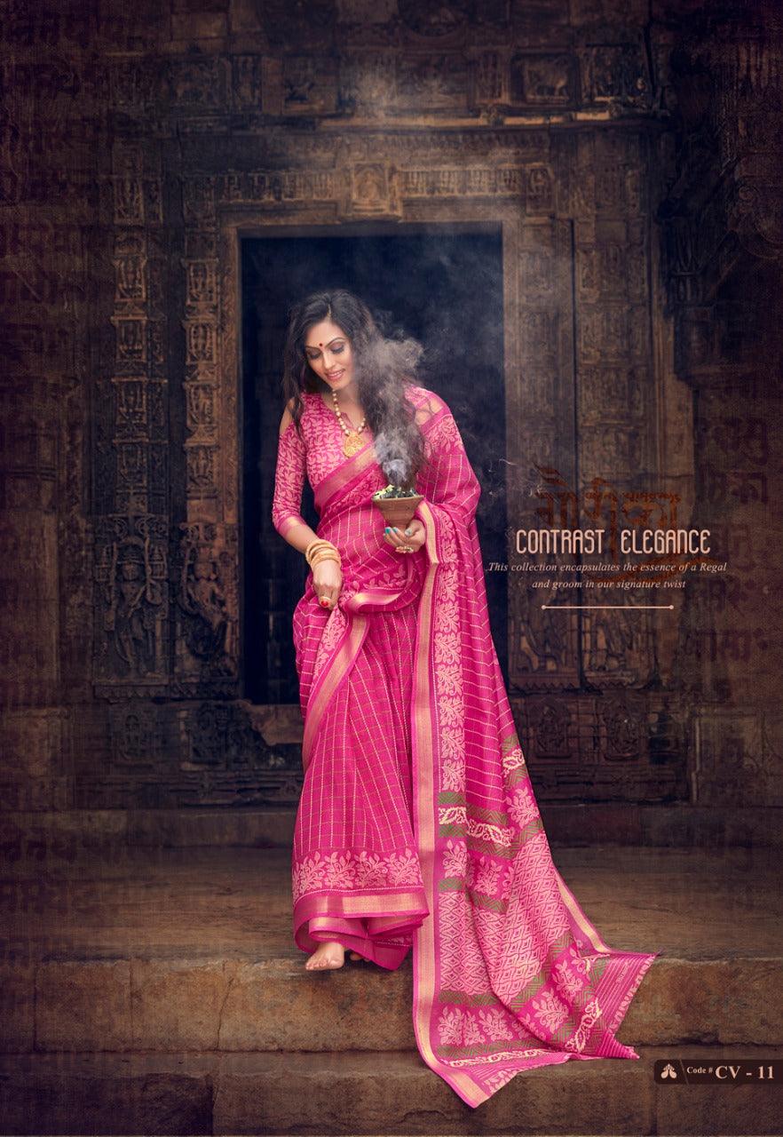 Linen saree in pink, party wear - Ibis Fab