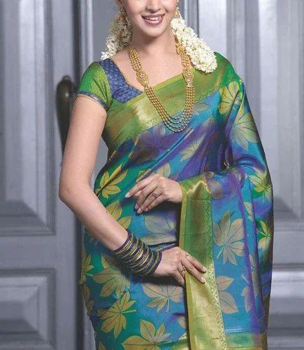 Linen saree Kalamkari printed blue and green color - Ibis Fab