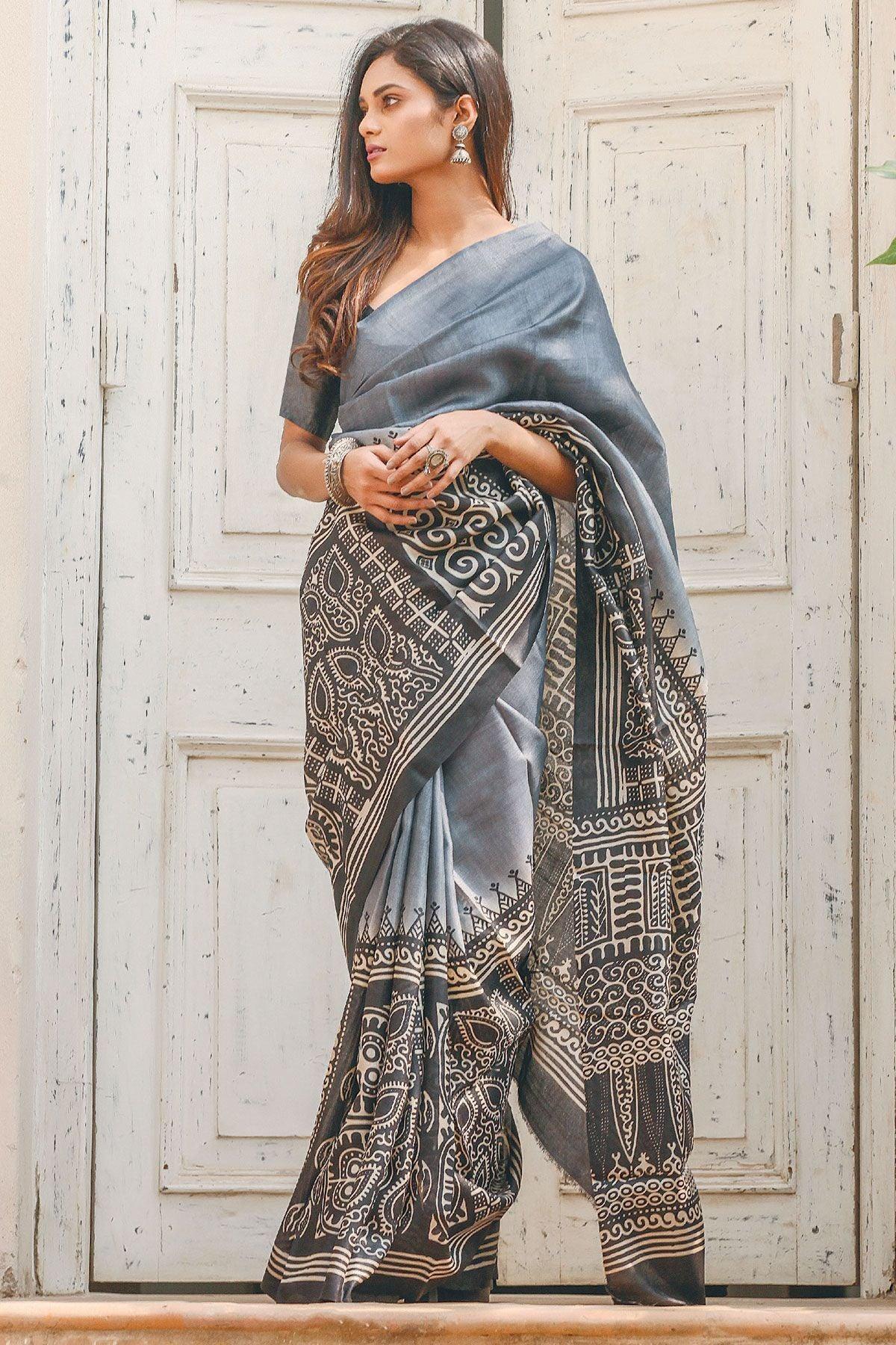 Lovely Grey Colored Casual Printed Linen Saree