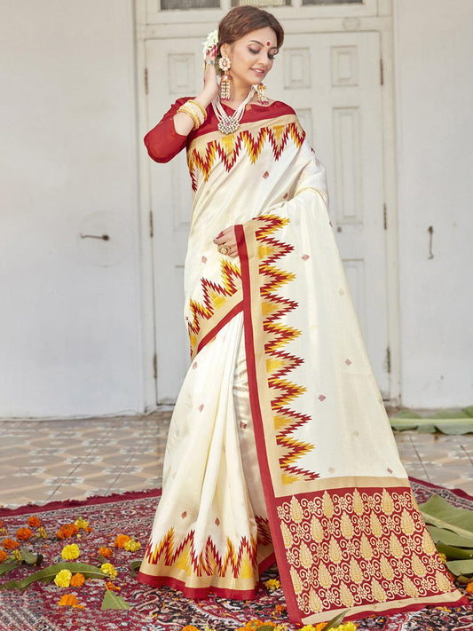 Off White Soft Silk Saree, Festive Wear - Ibis Fab