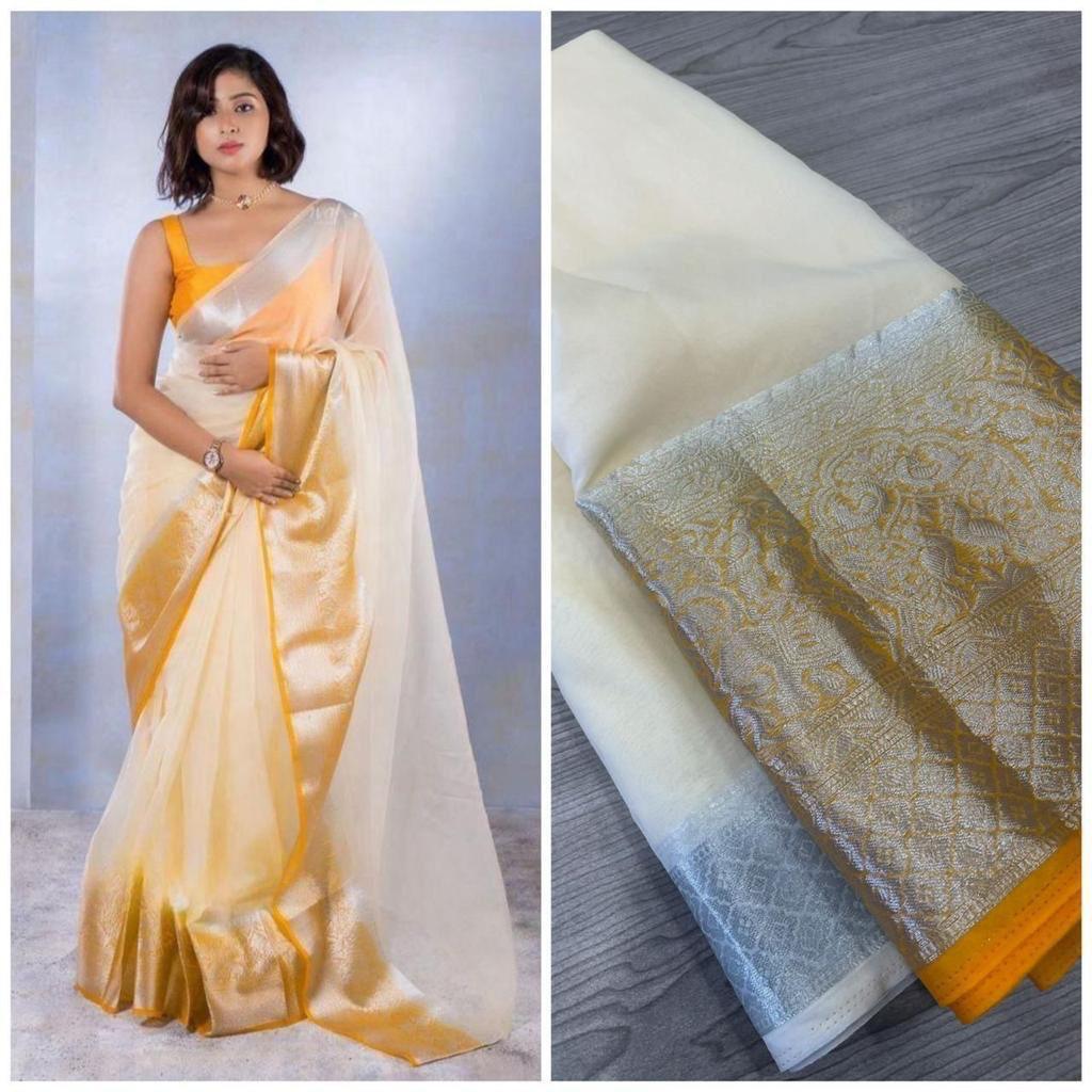 Orange organza saree with blouse piece - Ibis Fab