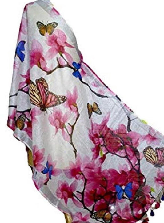 Pleasing White Base Floral Butterfly Design Digital Linen Dupatta - Ibis Fab