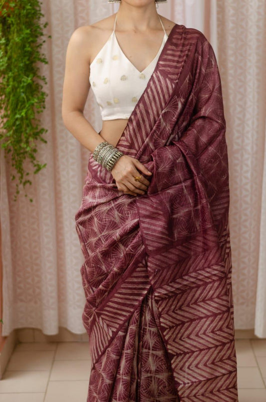 Pure Linen Digital Print Brown Color Saree, Party Wear - Ibis Fab