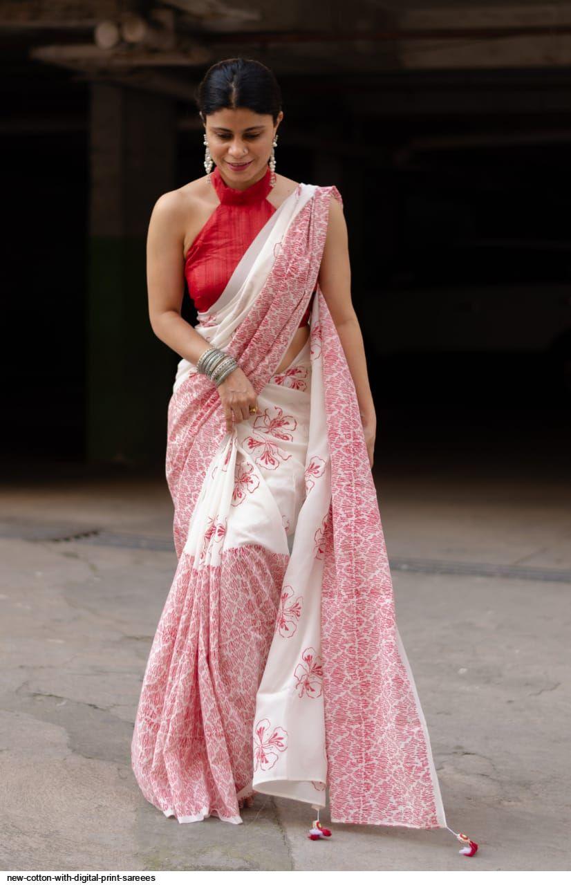 Pure Linen Digital Print White And light Pink Colour Saree, Casual Wear - Ibis Fab