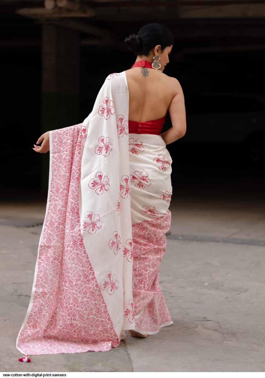 Pure Linen Digital Print White And light Pink Colour Saree, Casual Wear - Ibis Fab