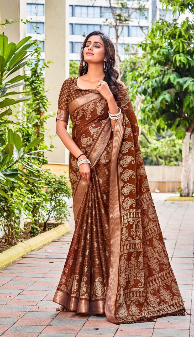 pure silk Classy Brown Colour Saree, Shining Party Wear - Ibis Fab