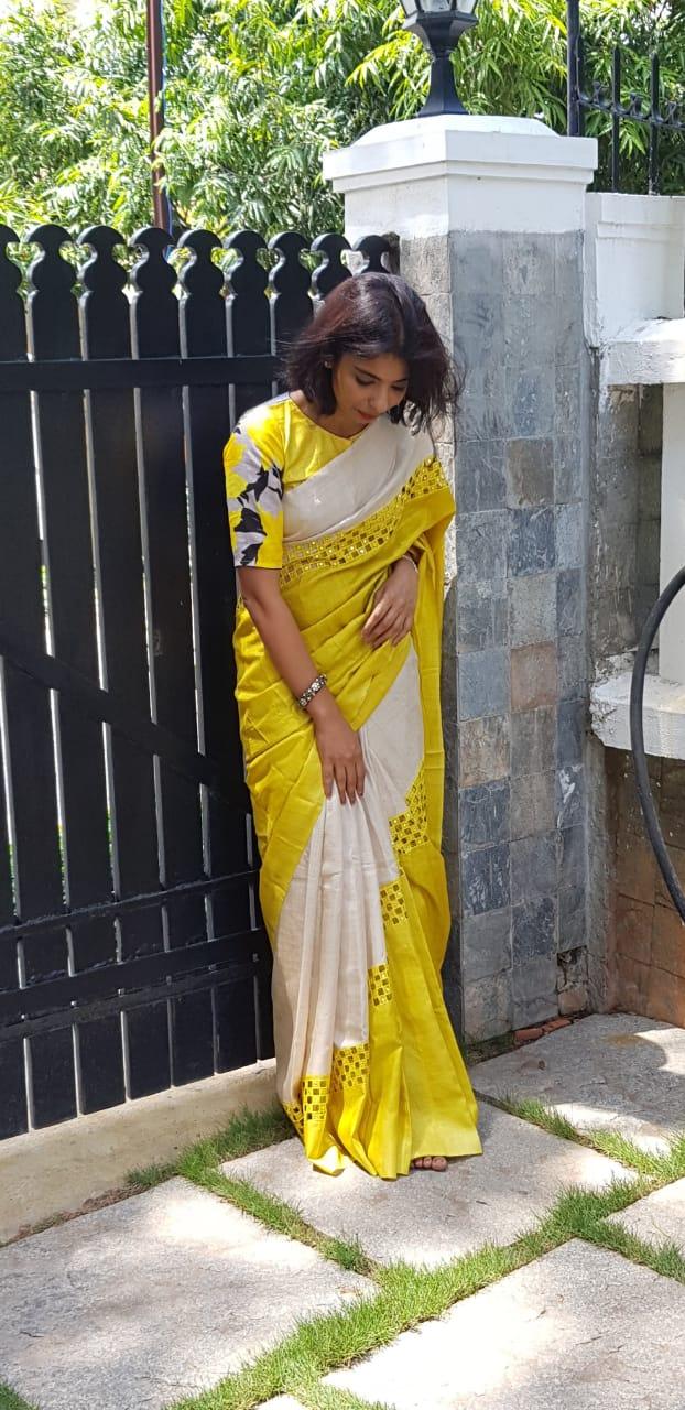 pure silk printed glorious white and yellow saree, designer wear - Ibis Fab