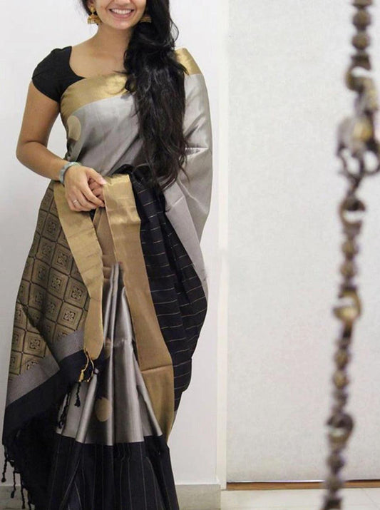 pure soft silk adorning grey and black with cream colour woven saree, festive wear - Ibis Fab