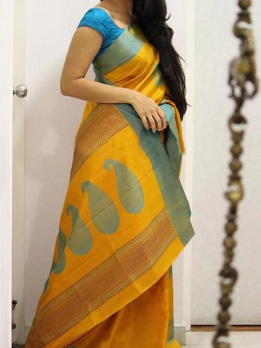 pure soft silk elegant yellow and sky blue colored, festive wear saree - Ibis Fab