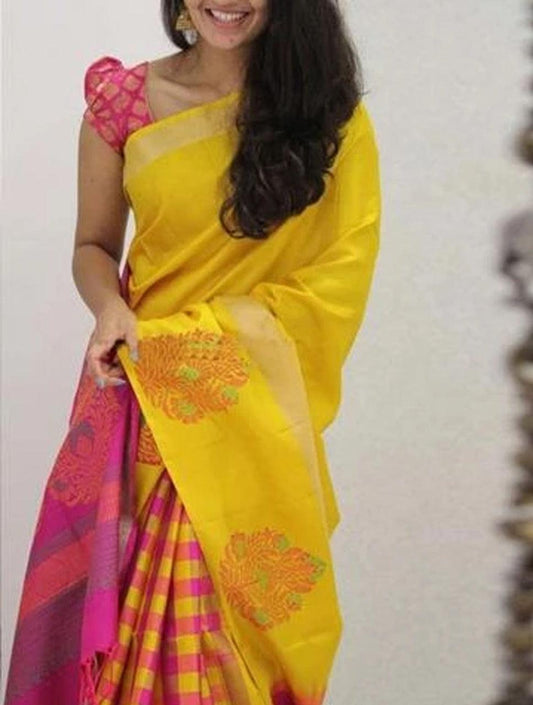 pure soft silk pretty yellow and pink colored traditional wear saree - Ibis Fab