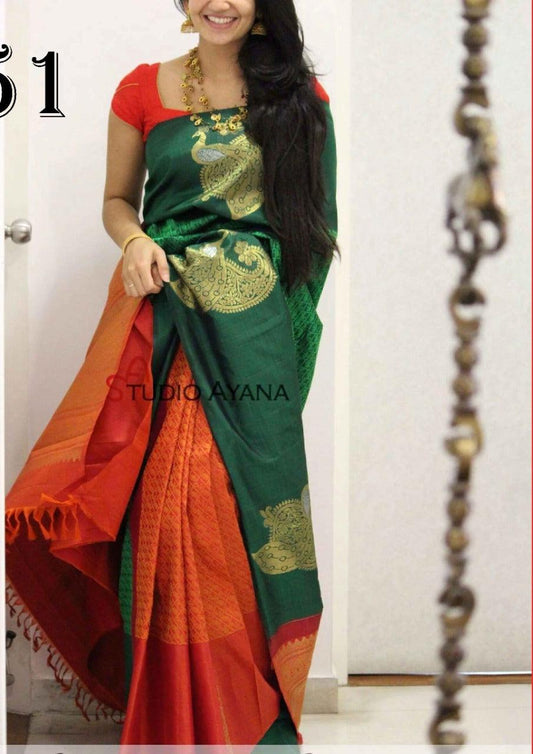 pure soft silk saree green and Orange colour , festive wear - Ibis Fab