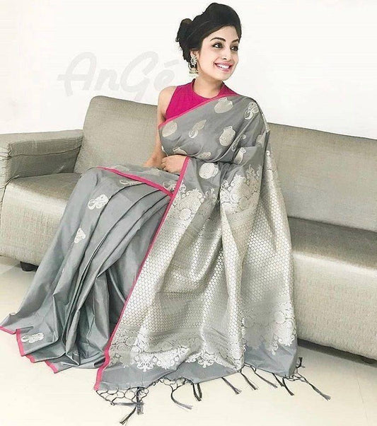 pure soft silk stunning silver and pink, daily wear saree - Ibis Fab