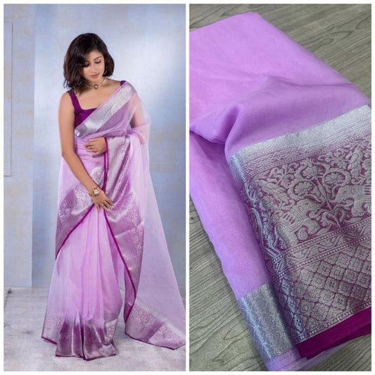 purple organza saree with blouse piece - Ibis Fab