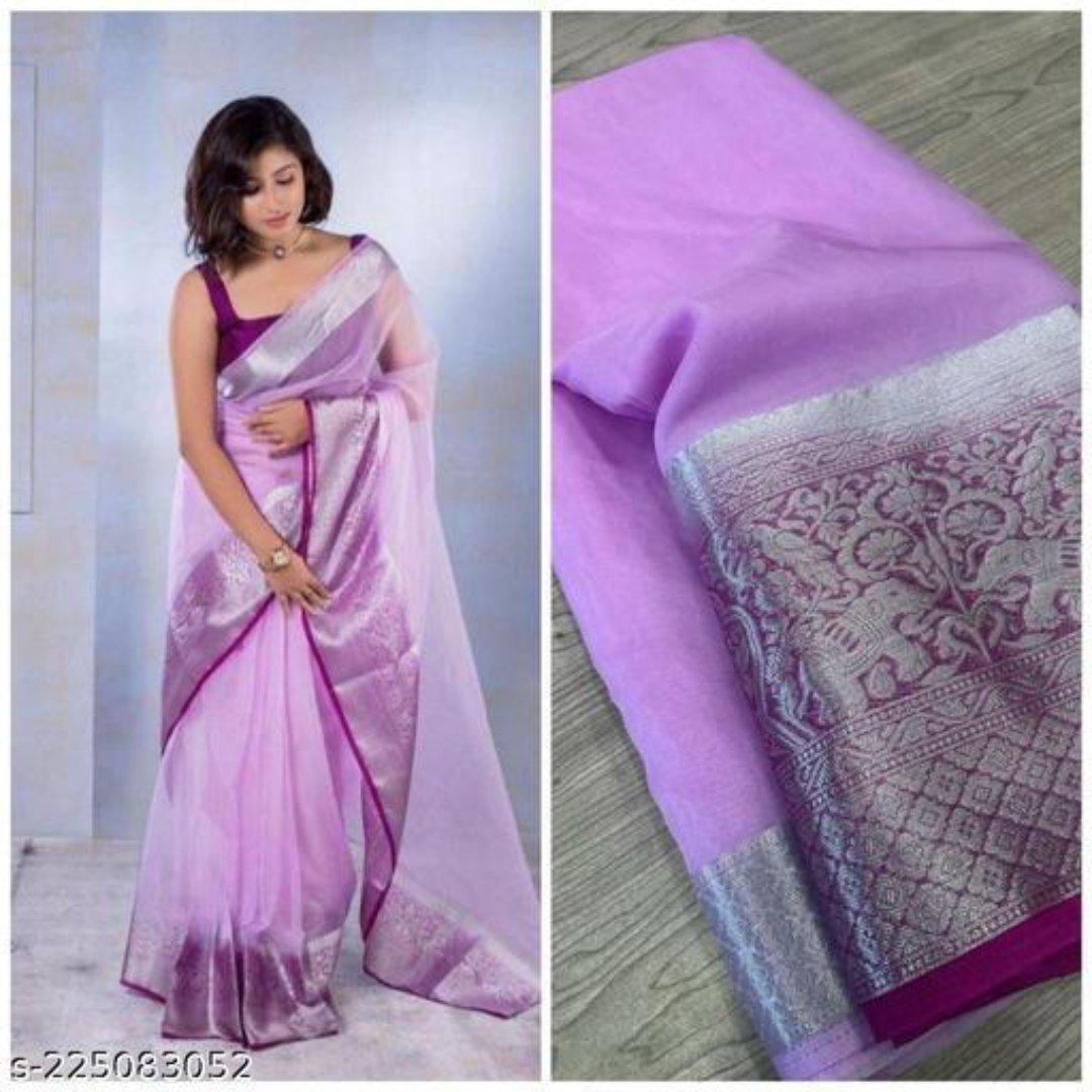 purple organza saree with blouse piece - Ibis Fab
