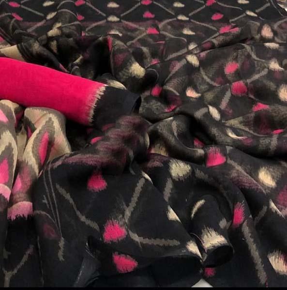 Radiant Pure Linen Black Colored Casual Printed Saree - Ibis Fab