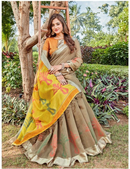 Radiant Pure Linen Tan And Yellow Colored Casual Printed Saree - Ibis Fab