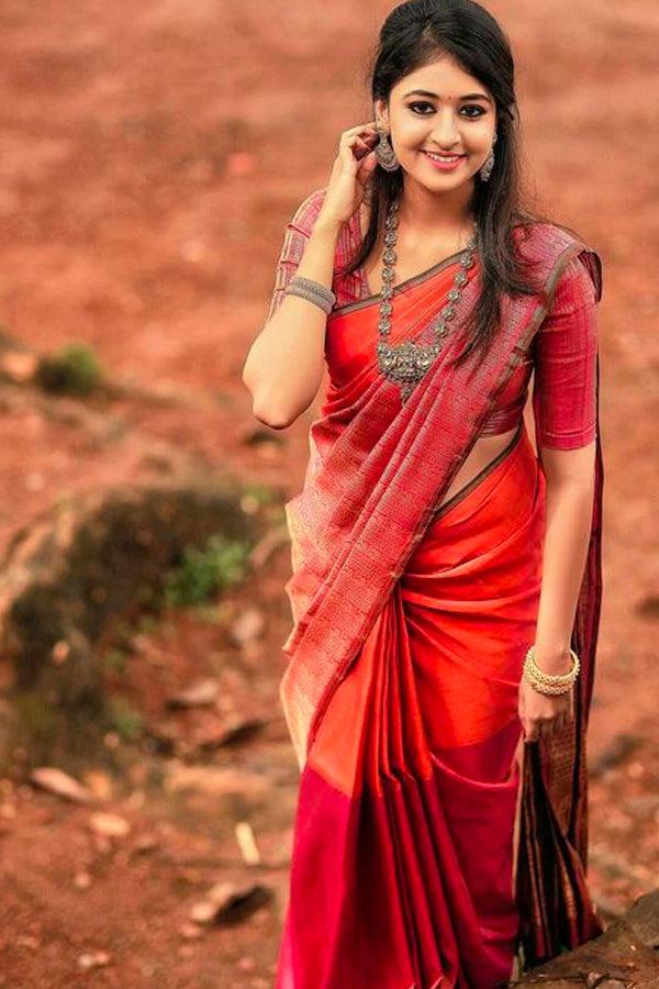 Red Colored Soft Silk Printed Saree With Blouse - Ibis Fab
