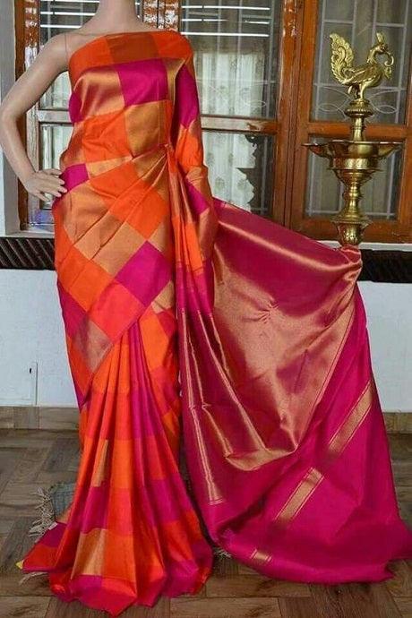 soft silk adorning orange and pink colour woven saree, festive wear - Ibis Fab