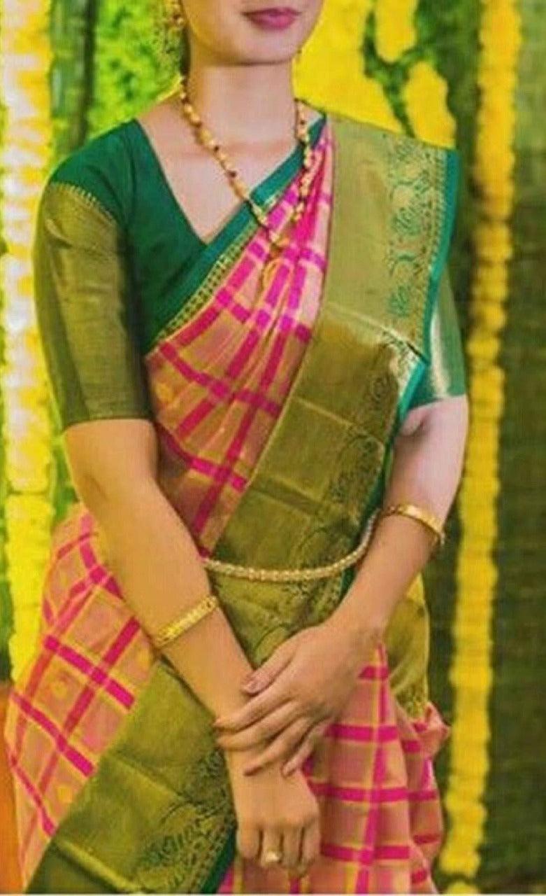 soft silk adorning pink and green colour woven saree, festive wear - Ibis Fab