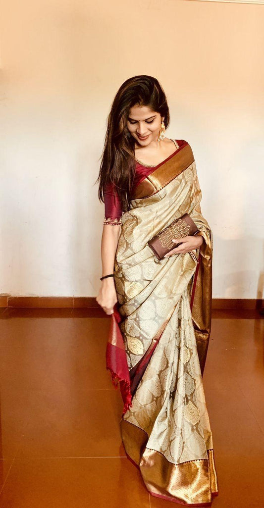 soft silk glorious Beige with Maroon woven saree casual wear - Ibis Fab