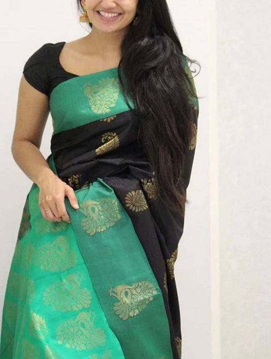 soft silk glorious black and mint woven saree, casual wear - Ibis Fab