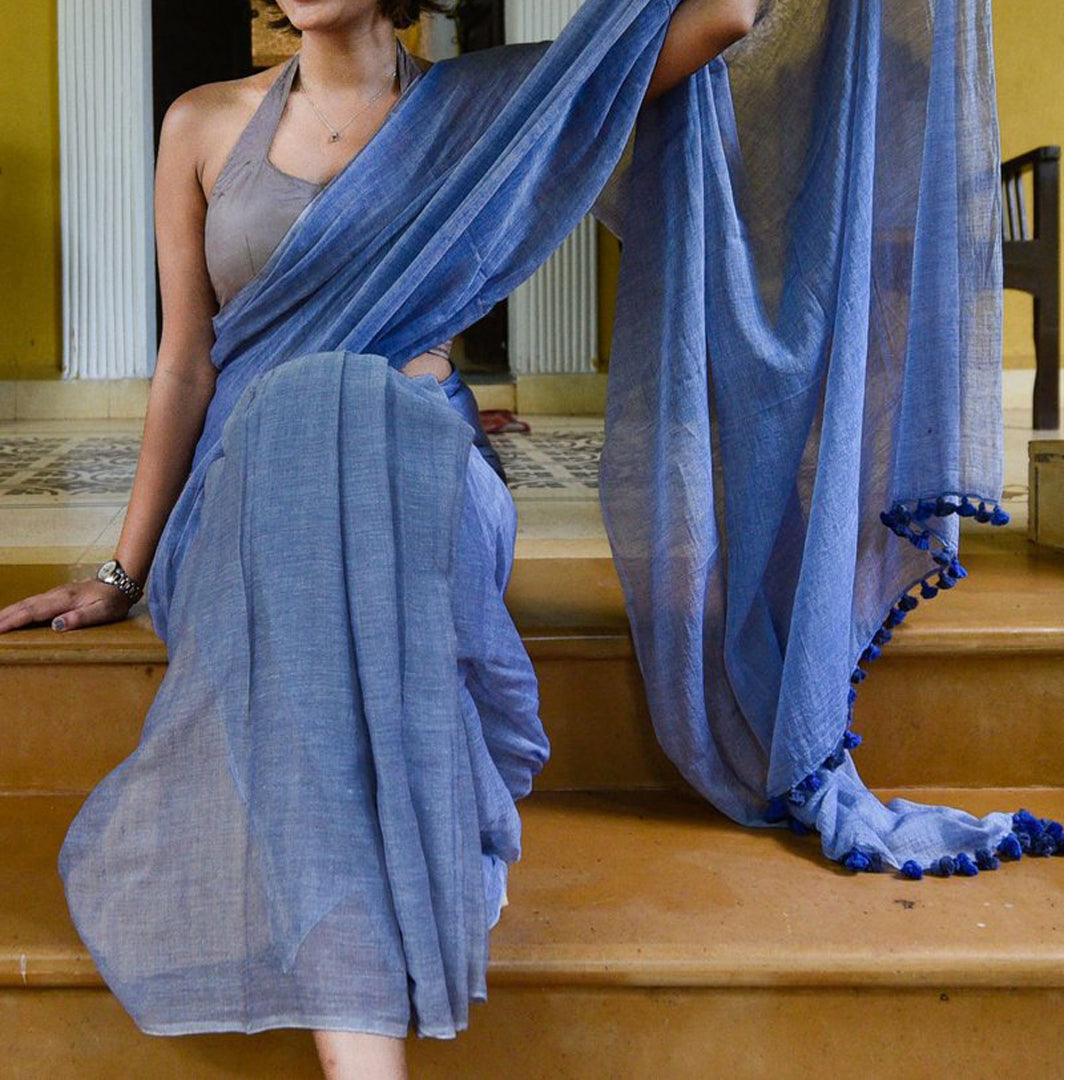 Trendy Light Blue, Colored Festive Wear Pure Linen Designer Saree - Ibis Fab