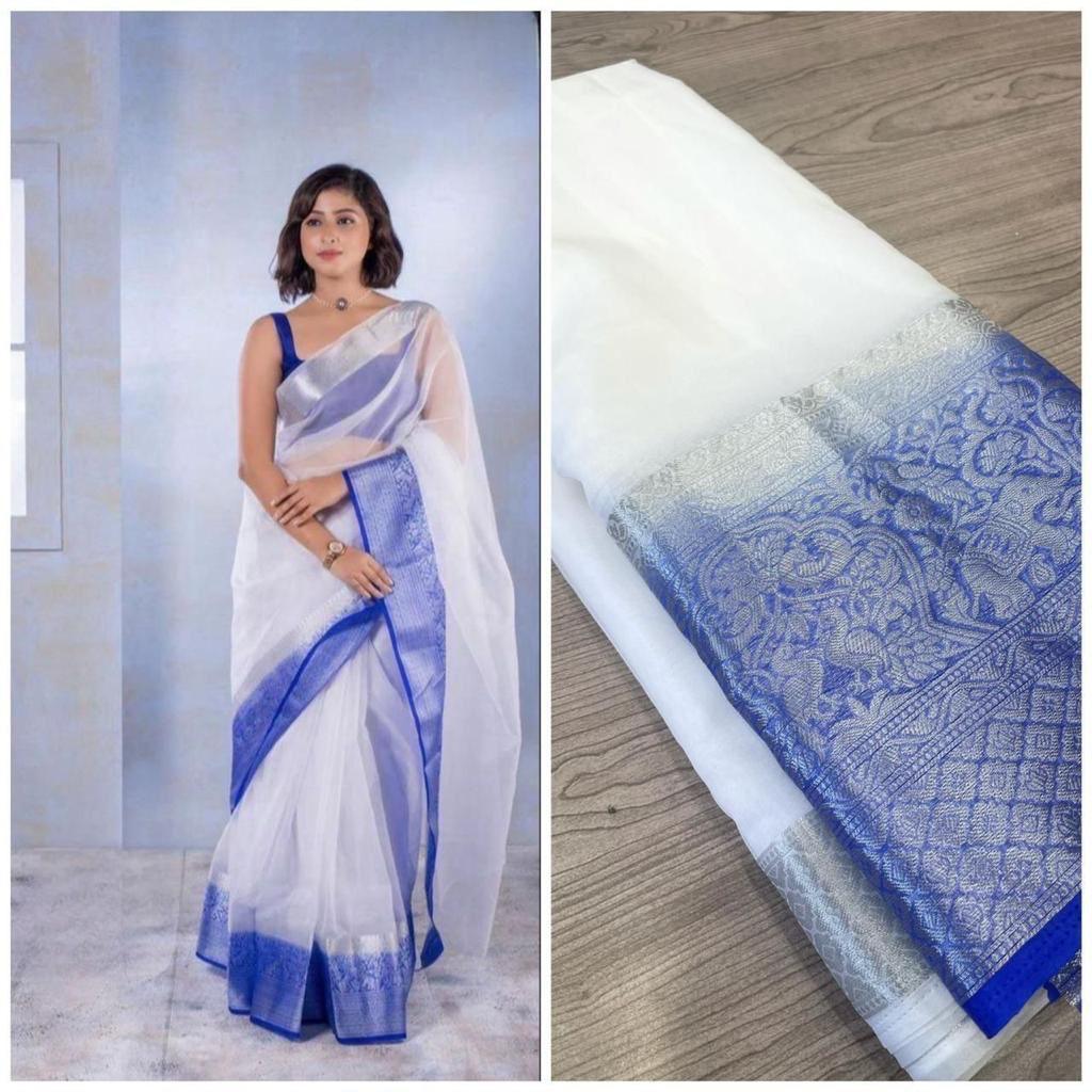 White & blue organza saree with blouse piece - Ibis Fab