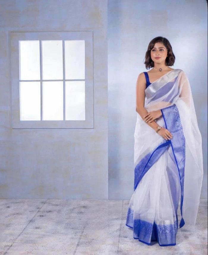 White & blue organza saree with blouse piece - Ibis Fab