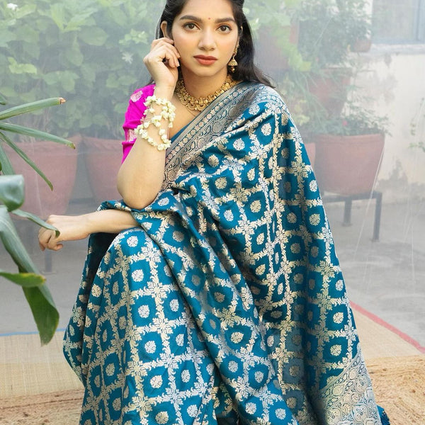 Teal Blue Jacquard Saree 